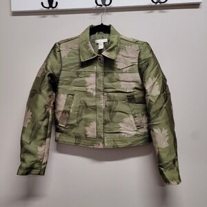 H&M Womens Olive Green Floral Jacquard Cropped Metallic Jacket Size 6 06090107